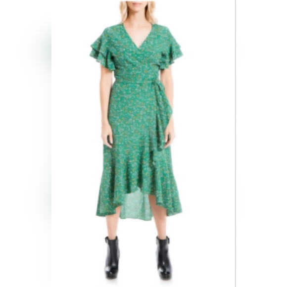 Max Studio Green Floral Wrap Dress with Flutter Sleeve Flounce Hem Women… - Picture 1 of 8